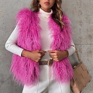 hot pink Faux Fur Open Front Vest Jacket